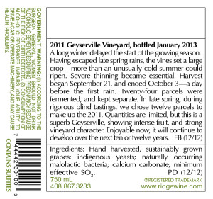 Ridge Vineyards 2011 Vintage with Ingredients Statement on Label